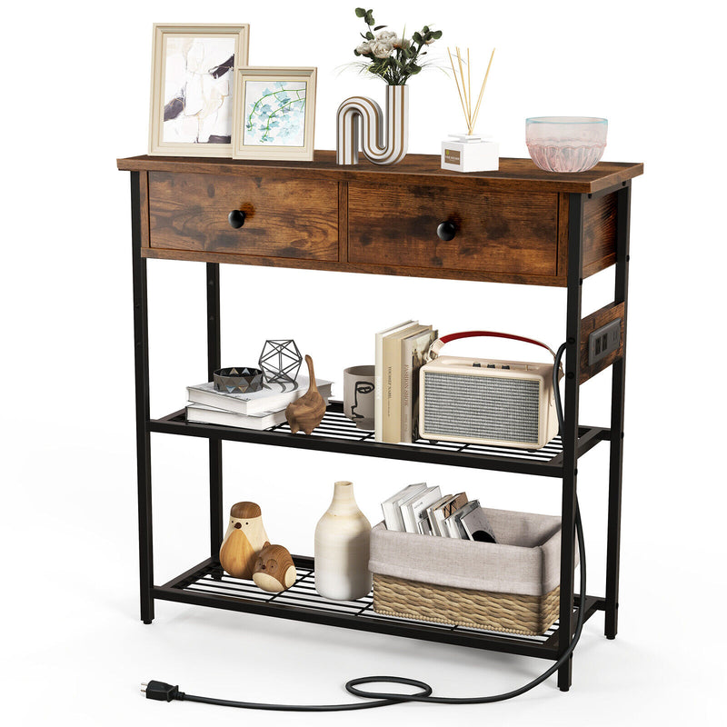 Narrow Console Table with 2 Drawers and 2 Metal Mesh Shelves-Rustic Brown