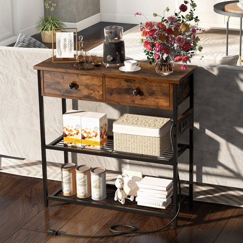 Narrow Console Table with 2 Drawers and 2 Metal Mesh Shelves-Rustic Brown