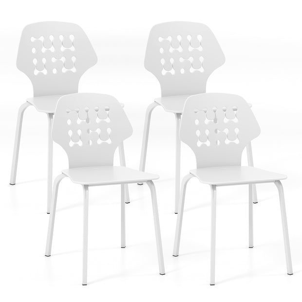 Set of 4 Metal Dining Chair with Hollowed Backrest and Metal Legs-White
