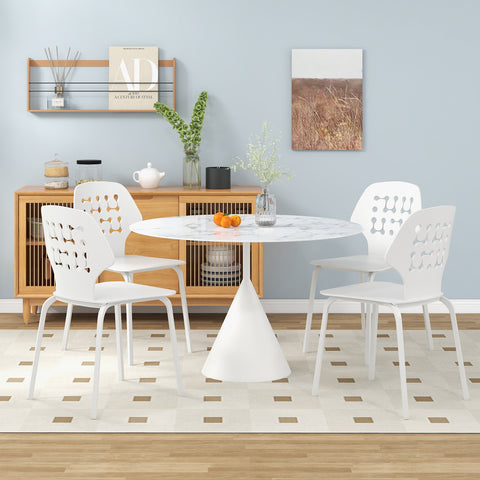 Set of 4 Metal Dining Chair with Hollowed Backrest and Metal Legs-White