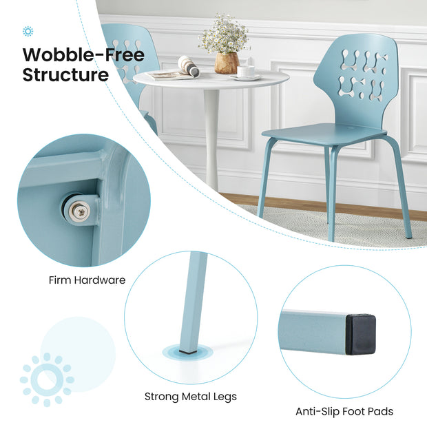 Set of 4 Metal Dining Chair with Hollowed Backrest and Metal Legs-Blue