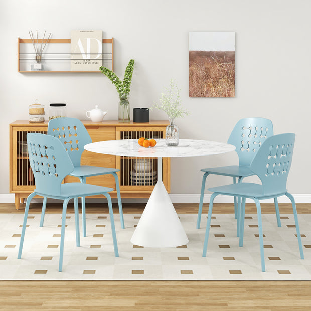 Set of 4 Metal Dining Chair with Hollowed Backrest and Metal Legs-Blue
