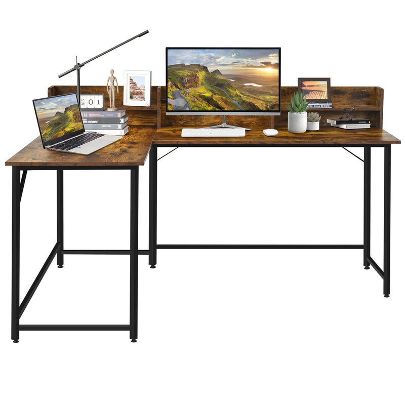 5.5 Inch L-shaped Computer Desk with Bookshelf-Rustic Brown