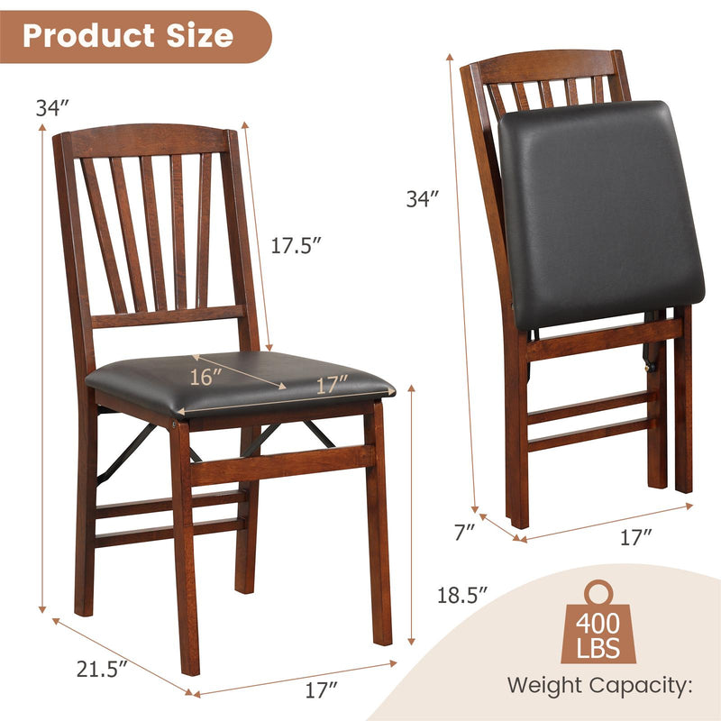 Set of 2 Folding Chairs with Padded Seat and Rubber Wood Frame-Brown