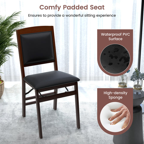 Set of 2 Folding Dining Chairs with Padded Seat and High Backrest-Brown