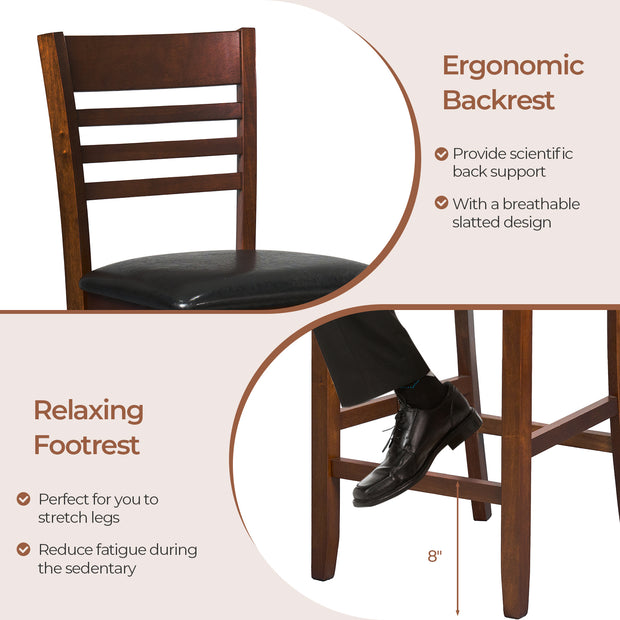 Set of 2 Counter Height Bar Chair Kitchen Island Stool with Backrest and Footrest-Walnut