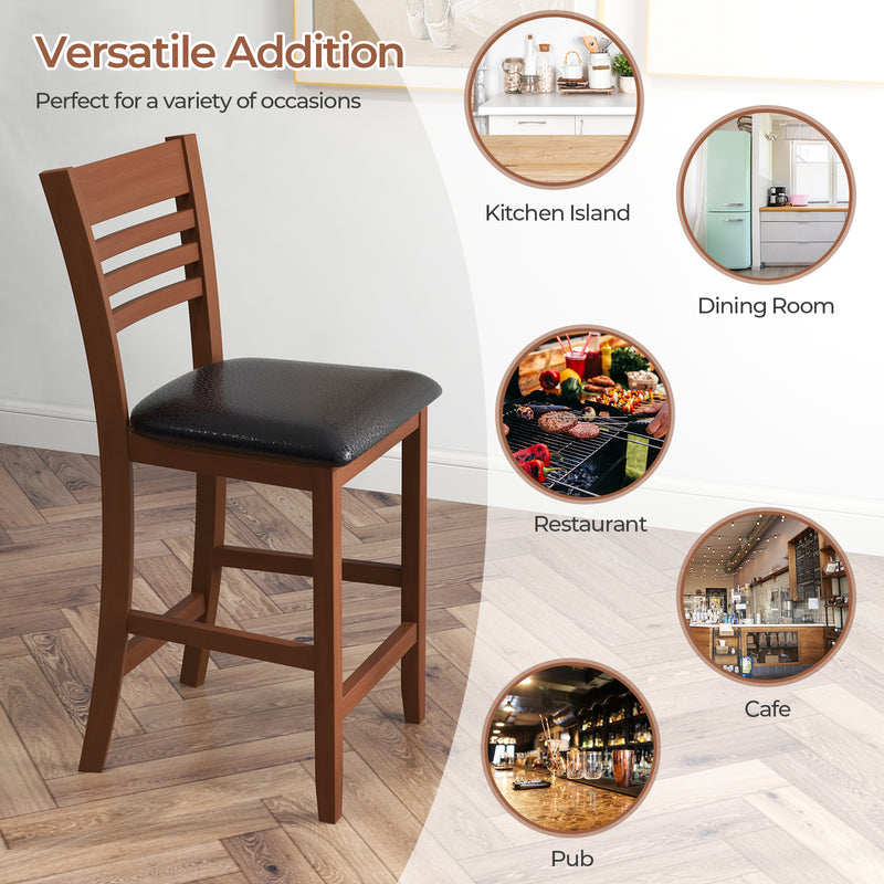 Set of 2 Counter Height Bar Chair Kitchen Island Stool with Backrest and Footrest-Walnut