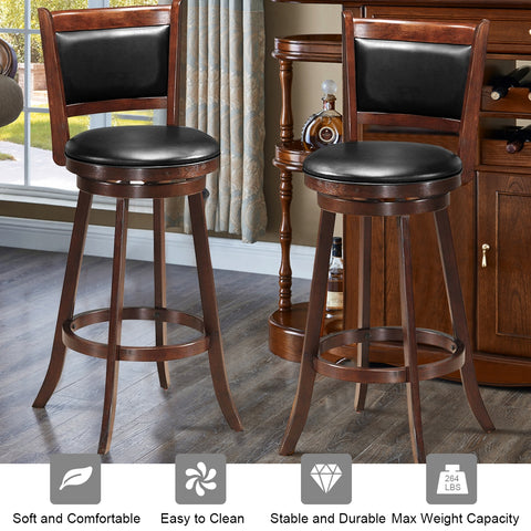 Set of 2 29 Inch Swivel Bar Height Stool Wood Dining Chair Barstool-Brown