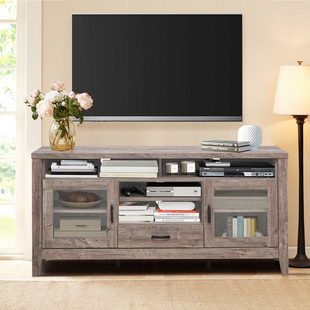 Tall TV Stand with Glass Storage and Drawer