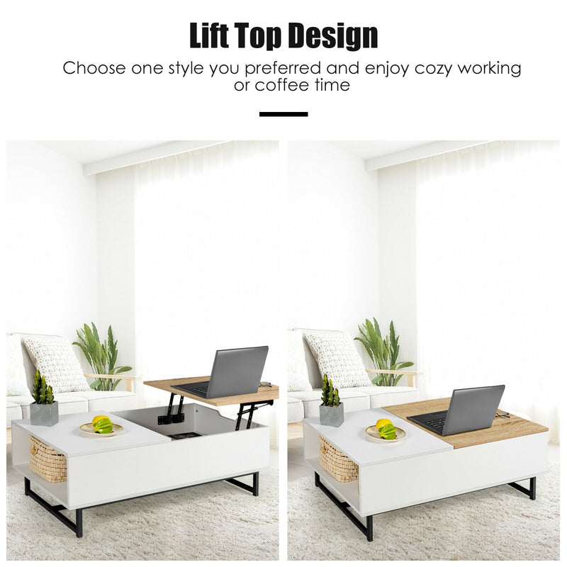 43 Inch Lift Top Coffee Table with Storage Compartment and Metal Frame-White