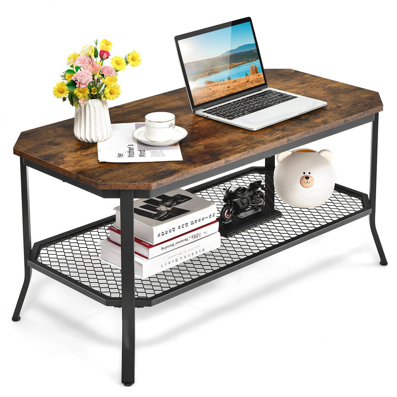 2-Tier Industrial Coffee Table Central Table with Metal Mesh Shelf for Living Room-Rustic Brown