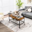 2-Tier Industrial Coffee Table Central Table with Metal Mesh Shelf for Living Room-Rustic Brown