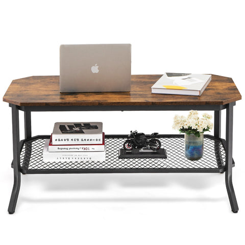 2-Tier Industrial Coffee Table Central Table with Metal Mesh Shelf for Living Room-Rustic Brown