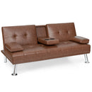 Convertible Folding Leather Futon Sofa with Cup Holders and Armrests-Brown