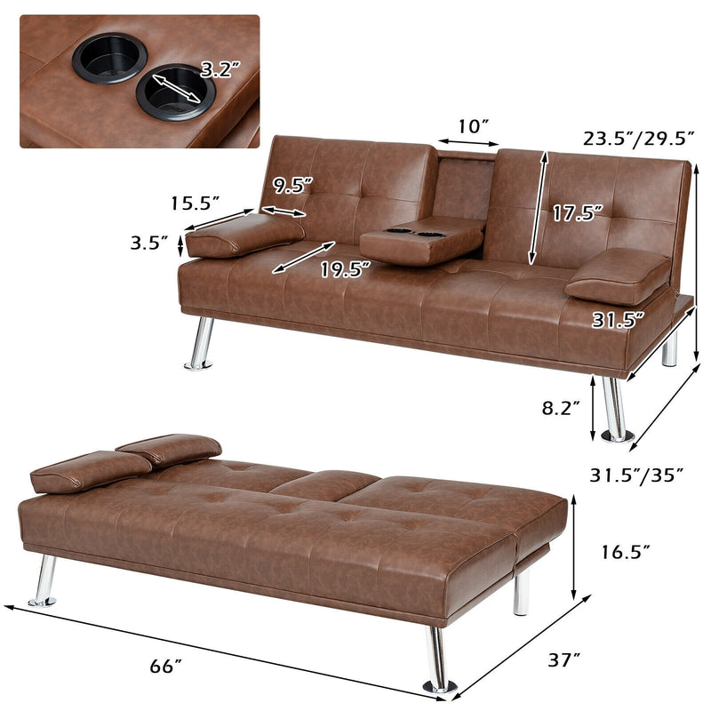 Convertible Folding Leather Futon Sofa with Cup Holders and Armrests-Brown