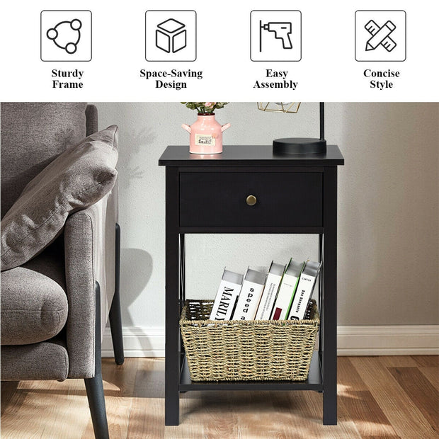 2pcs Bedroom Side End Nightstand with Drawer-Brown