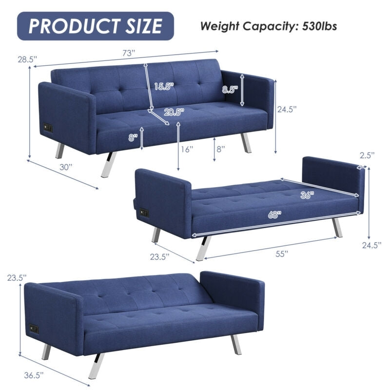 3 Seat Convertible Linen Fabric Futon Sofa with USB and Power Strip-Blue