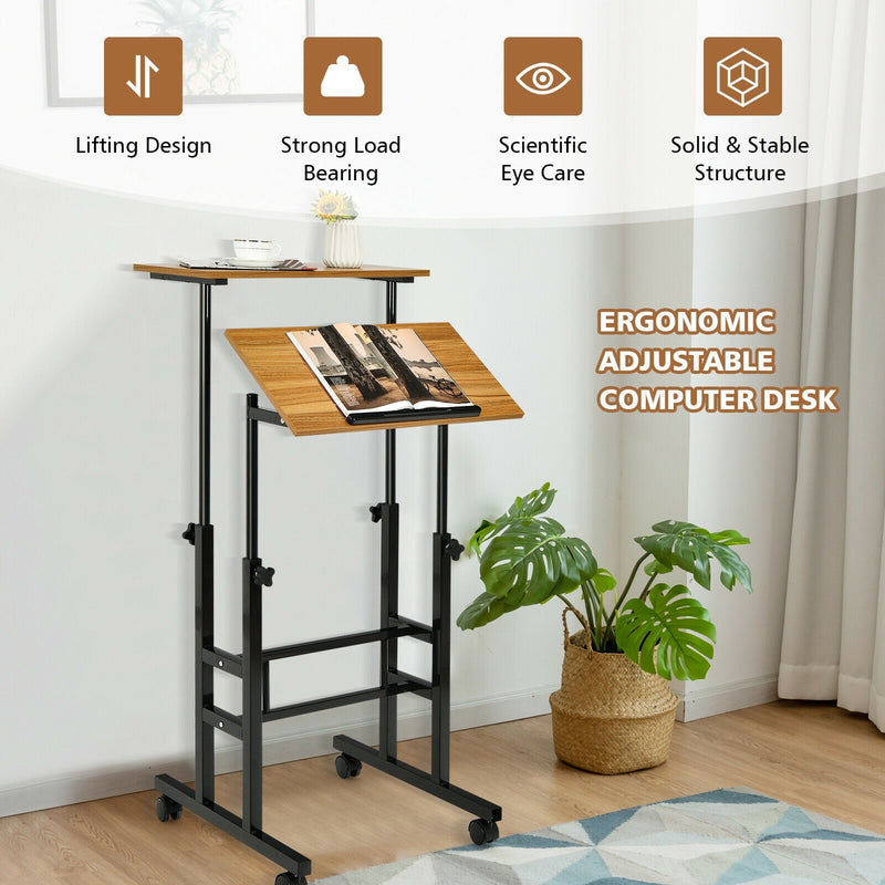 Height Adjustable Mobile Standing Desk with rolling wheels for office and home-Walnut