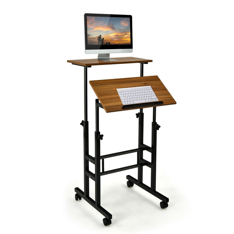 Height Adjustable Mobile Standing Desk with rolling wheels for office and home-Walnut