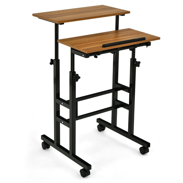 Height Adjustable Mobile Standing Desk with rolling wheels for office and home-Walnut