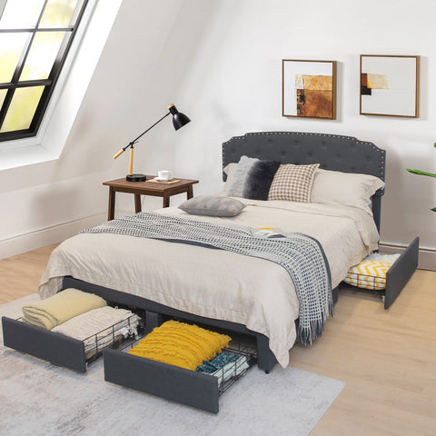 Platform Bed Frame with 4 Storage Drawers Adjustable Headboard (Full/Queen)