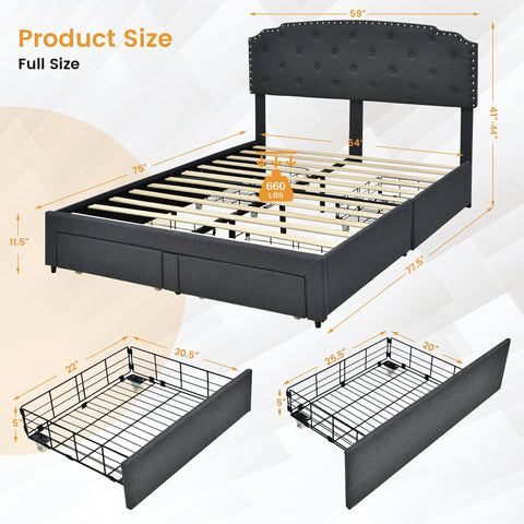 Platform Bed Frame with 4 Storage Drawers Adjustable Headboard (Full/Queen)