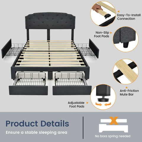 Platform Bed Frame with 4 Storage Drawers Adjustable Headboard (Full/Queen)