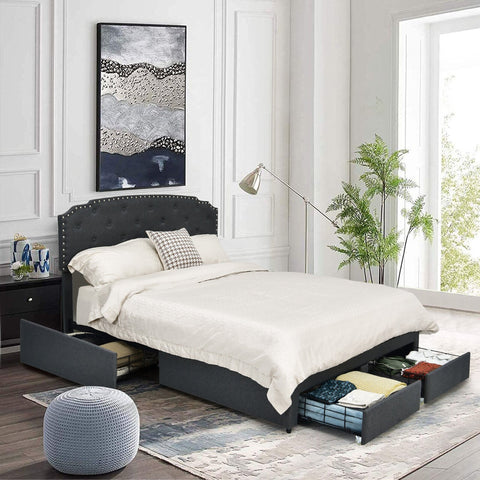 Platform Bed Frame with 4 Storage Drawers Adjustable Headboard (Full/Queen)