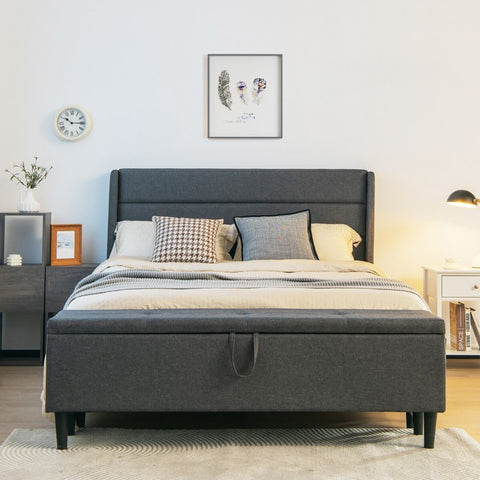 Full/Queen Upholstered Bed Frame with Headboard and Storage Ottoman