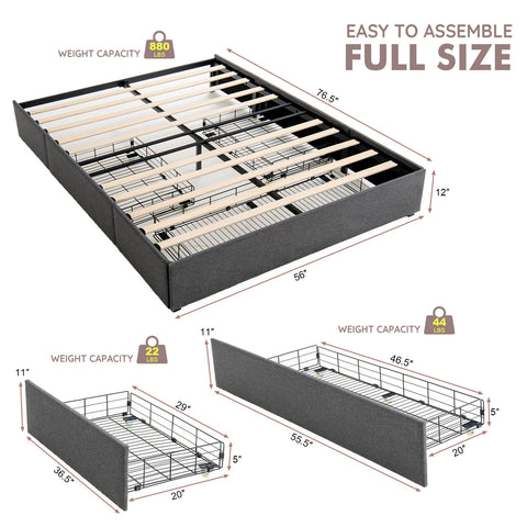 Upholstered Platform Bed Frame with 3 Storage Drawers-Full Size