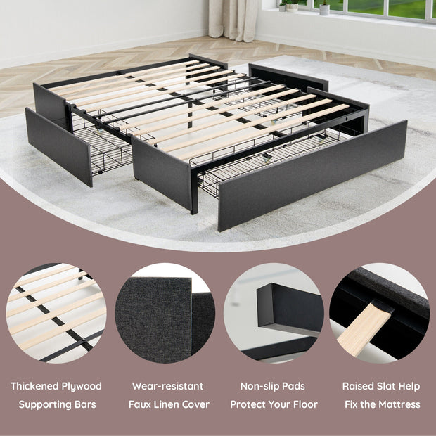 Upholstered Platform Bed Frame with 3 Storage Drawers-Full Size