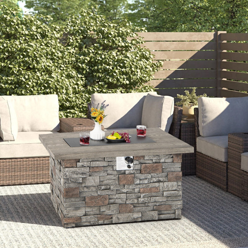 43.5 Inch Rectangle Faux Stone Propane Gas Fire Pit Table with Lava Rock and PVC Cover-Gray