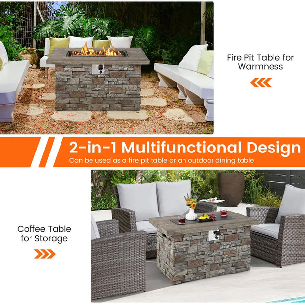 43.5 Inch Rectangle Faux Stone Propane Gas Fire Pit Table with Lava Rock and PVC Cover-Gray