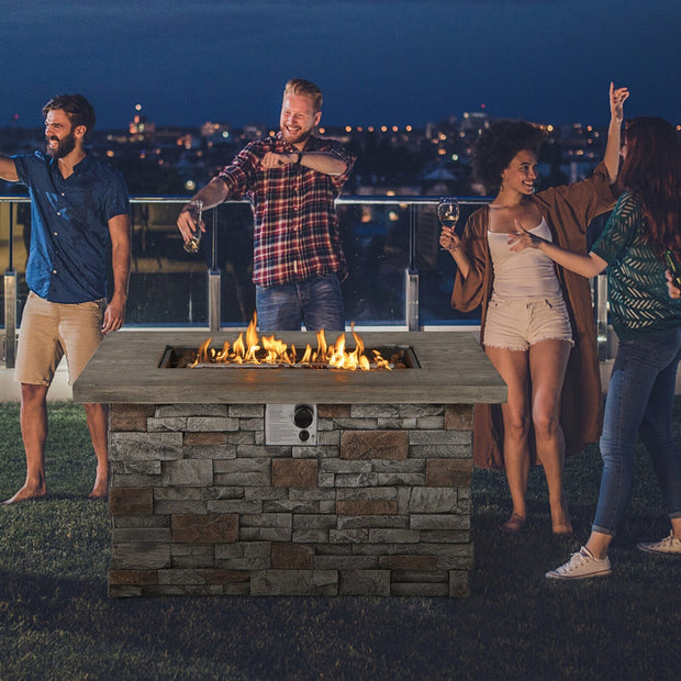 43.5 Inch Rectangle Faux Stone Propane Gas Fire Pit Table with Lava Rock and PVC Cover-Gray