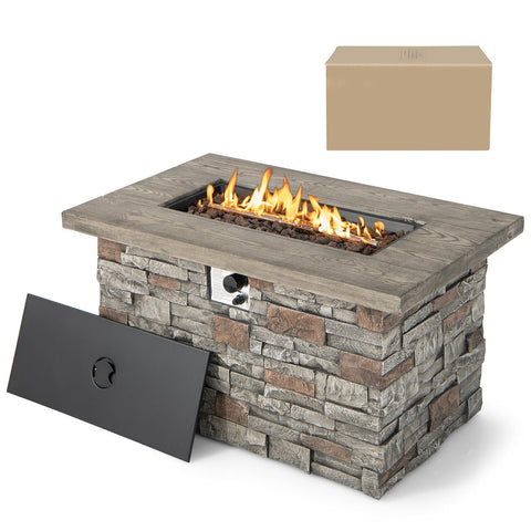 43.5 Inch Rectangle Faux Stone Propane Gas Fire Pit Table with Lava Rock and PVC Cover-Gray