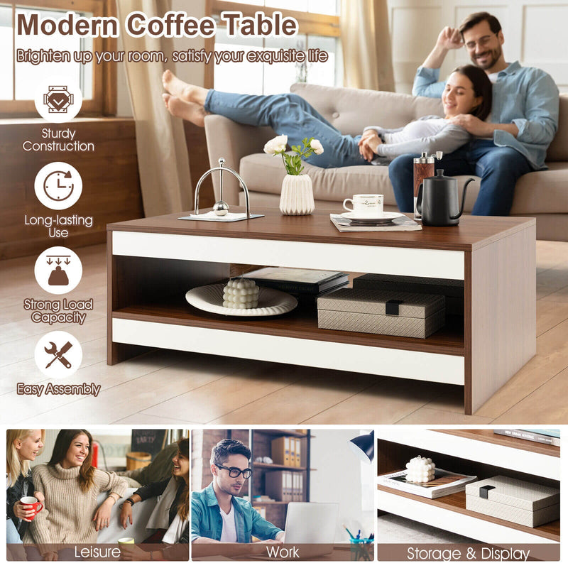 37 Inch 2-Tier Rectangle Wooden Coffee Table with Storage Shelf-Wulnat