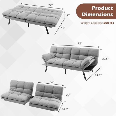 Convertible Memory Foam Futon Sofa Bed with Adjustable Armrest-Gray