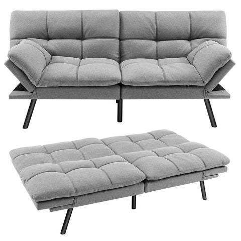 Convertible Memory Foam Futon Sofa Bed with Adjustable Armrest-Gray