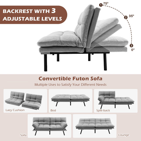 Convertible Memory Foam Futon Sofa Bed with Adjustable Armrest-Gray