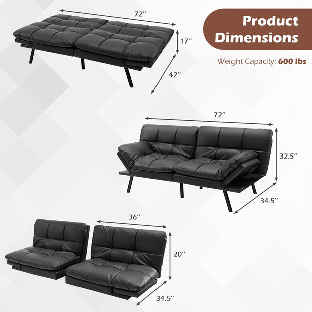 Convertible Memory Foam Futon Sofa Bed with Adjustable Armrest-Black