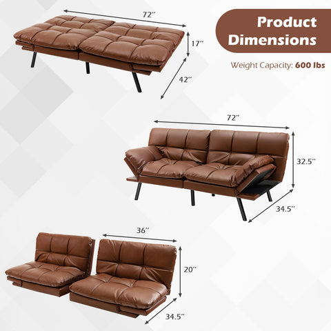 Convertible Memory Foam Futon Sofa Bed with Adjustable Armrest-Brown