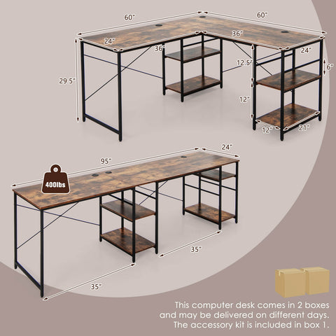 L Shaped Computer Desk with 4 Storage Shelves and Cable Holes-Rustic Brown