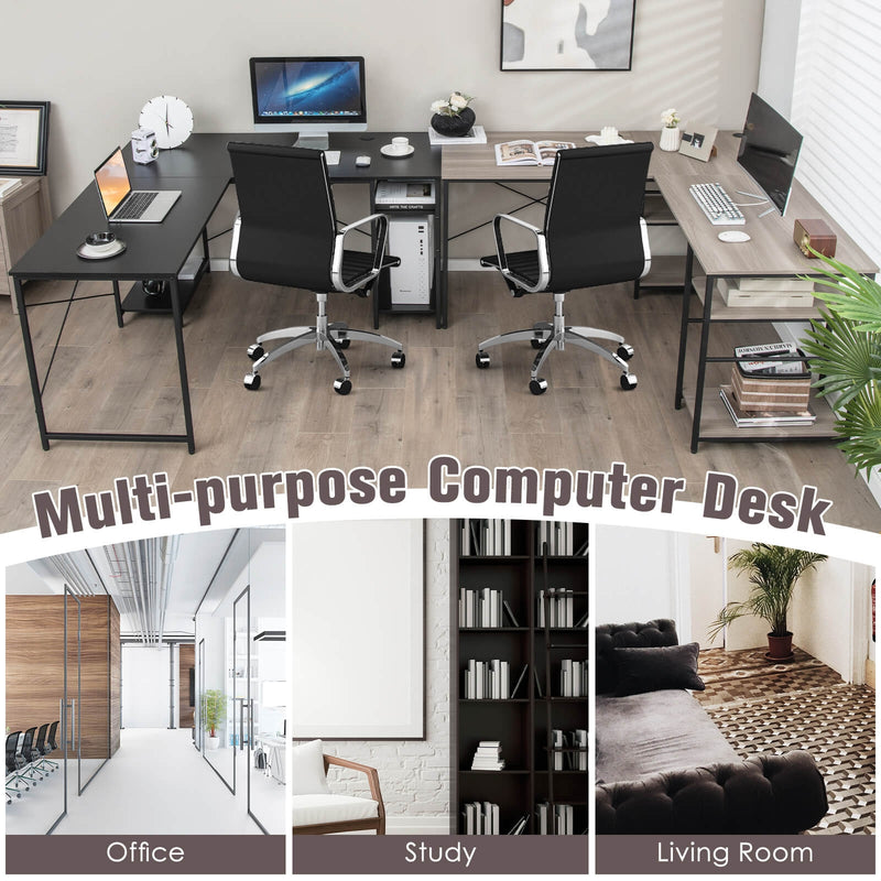 L Shaped Computer Desk with 4 Storage Shelves and Cable Holes-Gray
