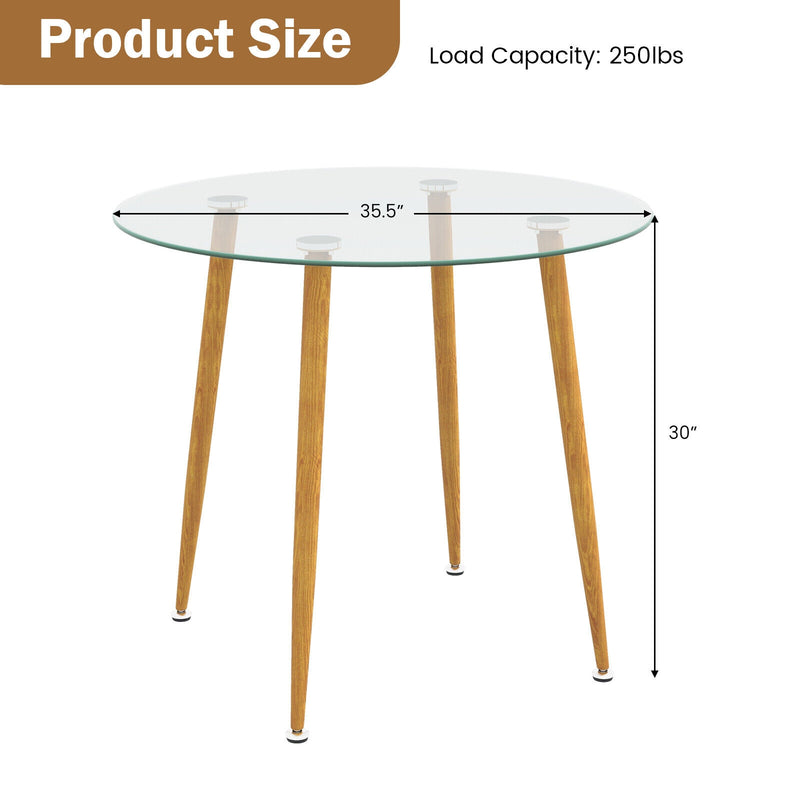 Round Glass Dining Table Leisure Coffee Table with Metal Legs-Natural