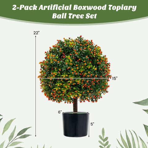 2-Pack Artificial Boxwood Topiary Ball Tree with Orange Fruit