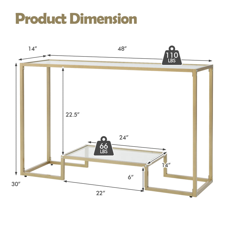 48 Inch 2-Tier Console Table with Tempered Glass Tabletop for Hallway-Golden