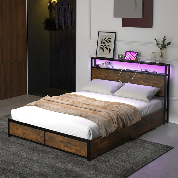 Bed Frame with Smart LED Lights and Storage Drawers-(Full/Queen)