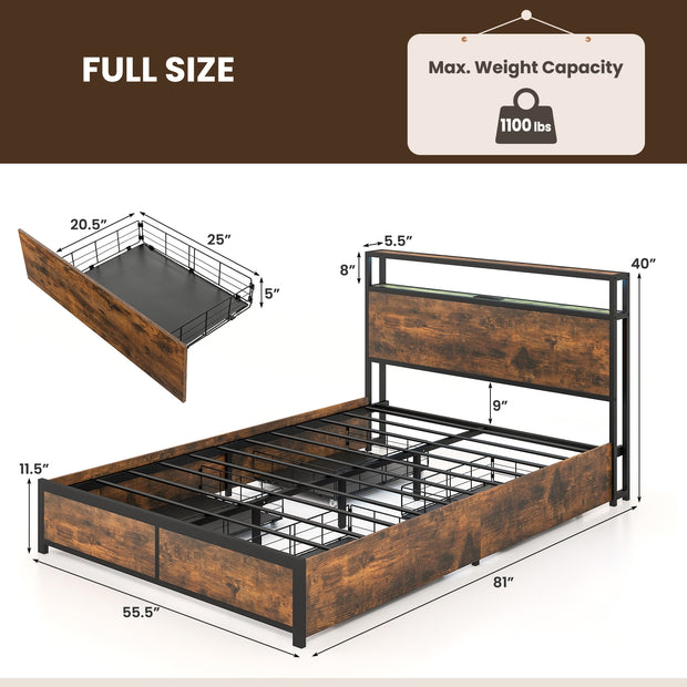 Full Size Bed Frame with Smart LED Lights and Storage Drawers-(Full/Queen)