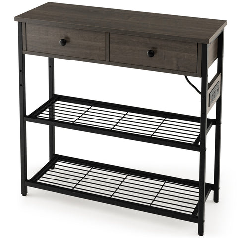 Narrow Console Table with 2 Drawers and 2 Metal Mesh Shelves-Gray