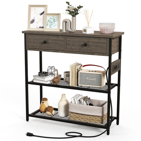 Narrow Console Table with 2 Drawers and 2 Metal Mesh Shelves-Gray